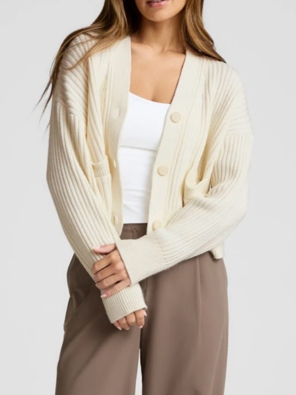 Beyond Yoga Ivory Ribbed Button-Front Cardigan